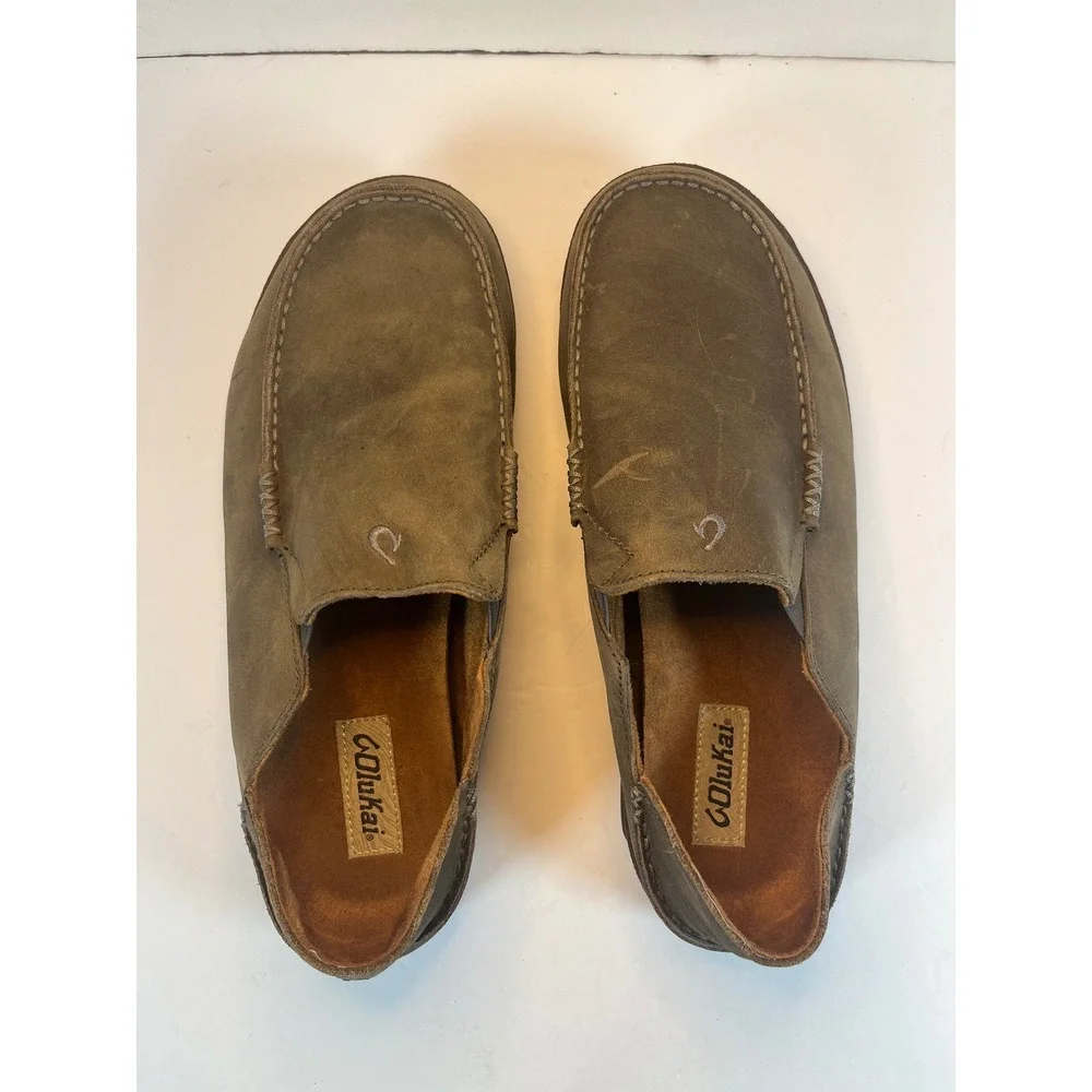 OluKai Moloa Mens Leather Slip On Shoes Dark Gray Green 10128-4T63 Size 11.5